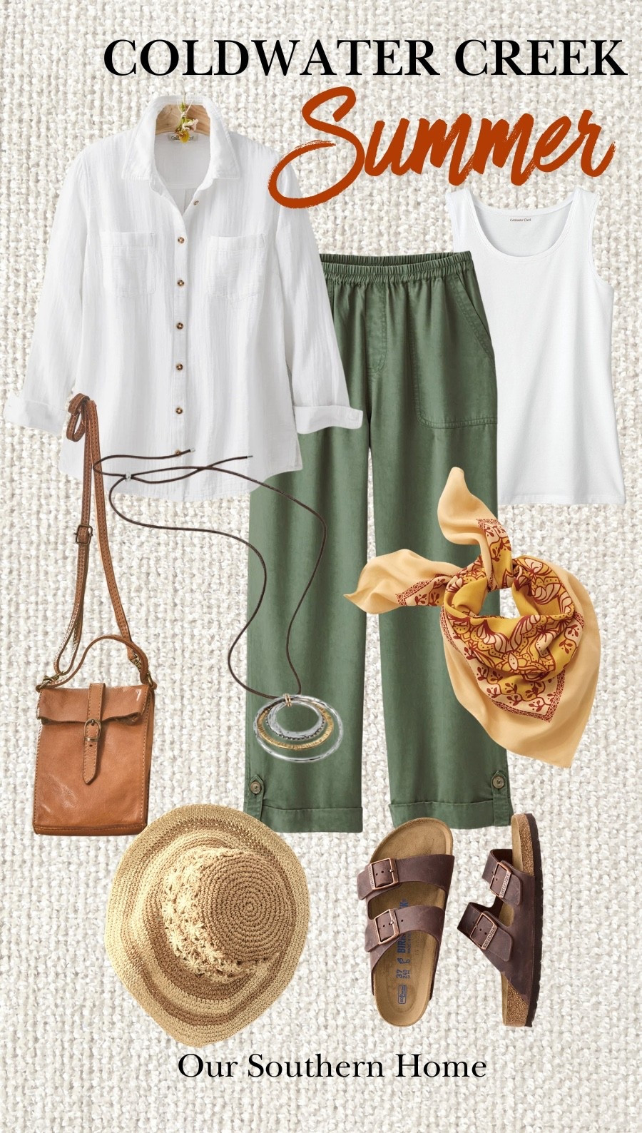 Easy summer style on repeat ☀️ Lightweight layers + comfortable pieces that mix and match so well. Sharing all the details from Coldwater Creek: cropped Tencel pants, white tank, layering gauze shirt, neck scarf, mixed metal necklace, crossbody bag, raffia hat, and Birkenstocks. Perfect for summer travel, errands, and everyday wear. 🤍

Size small in all pieces.

#mycoldwater #summerstyle #classicstyle #coldwatercreek

#LTKOver40 #LTKSeasonal #LTKootd