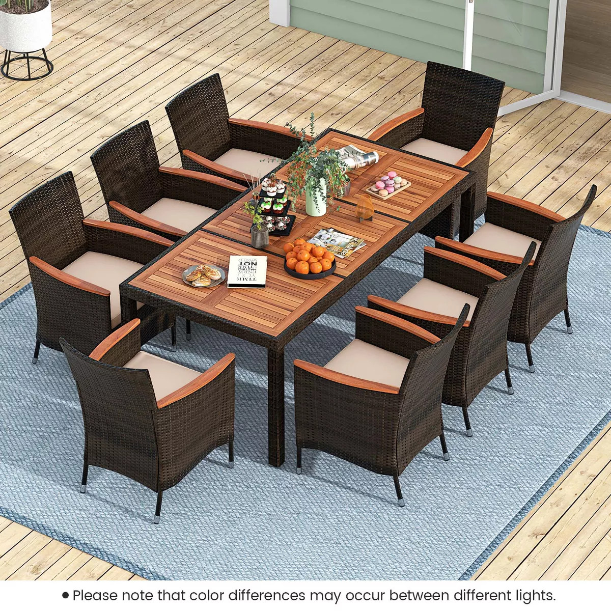 Costway 9PCS Patio Wicker Dining Set Acacia Wood Table Top Umbrella Hole Cushions Chairs | Target