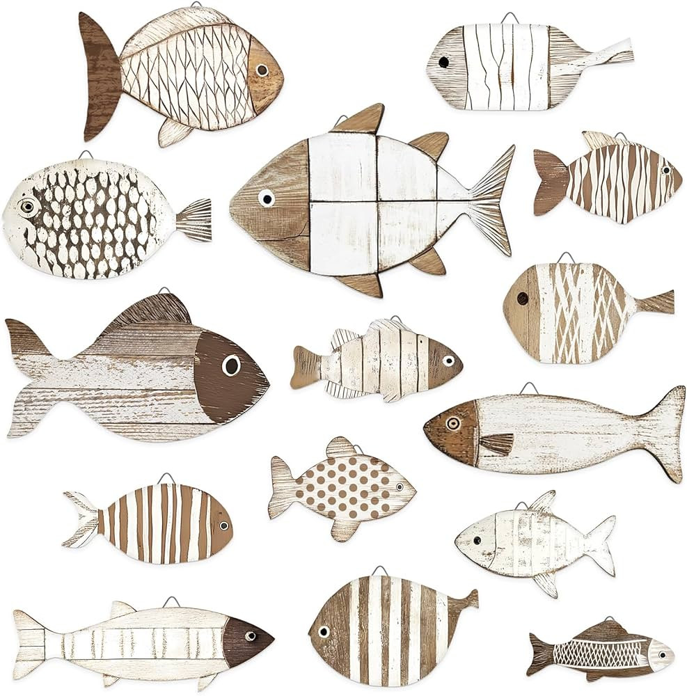 Spiareal 15 Pcs Fish Wall Decor Wooden School of Fish Wall Art Nautical Decor Vintage Hanging Coa... | Amazon (US)