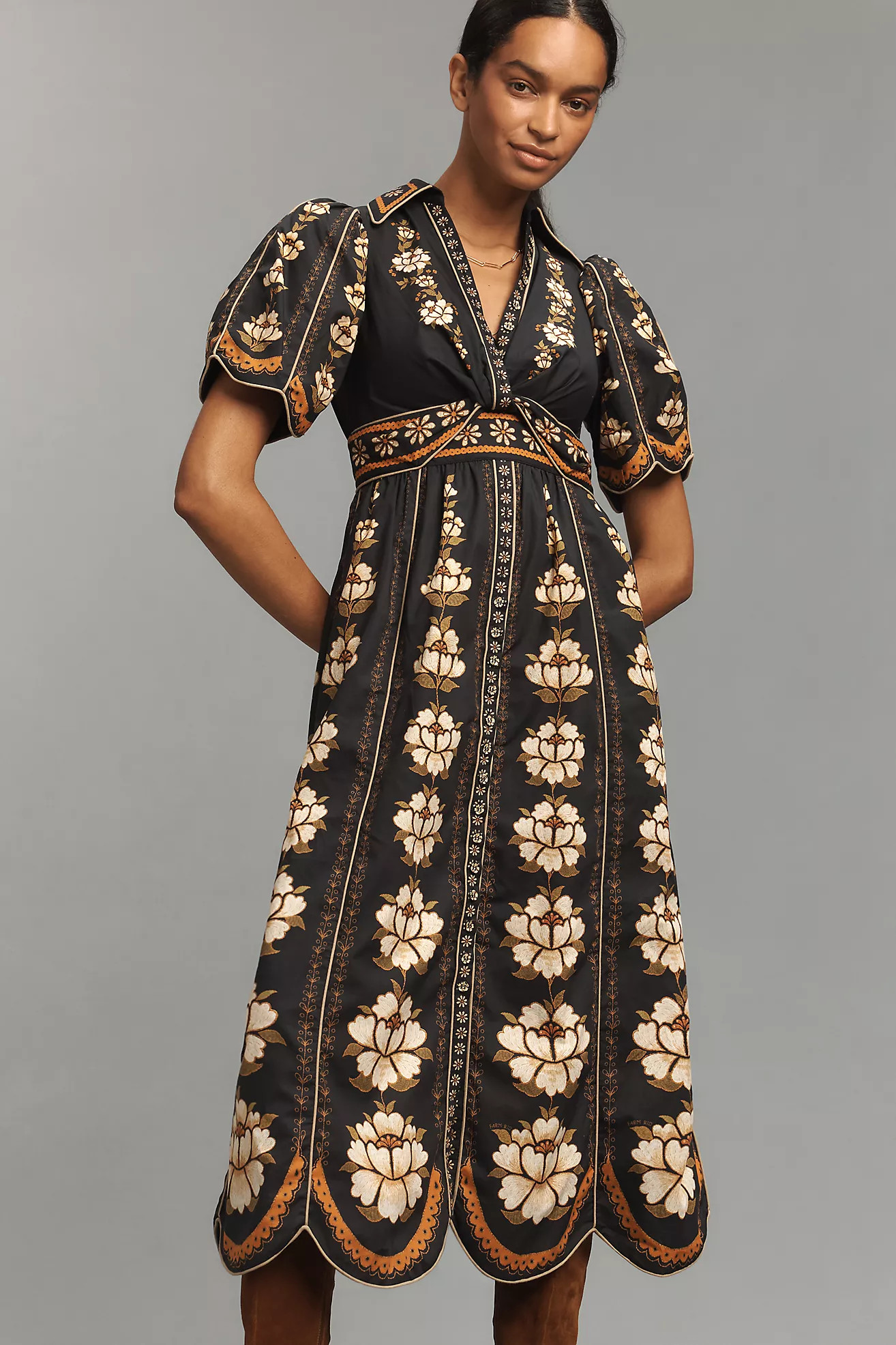 Farm Rio Embroidered Floral Short-Sleeve Midi Dress | Anthropologie (US)