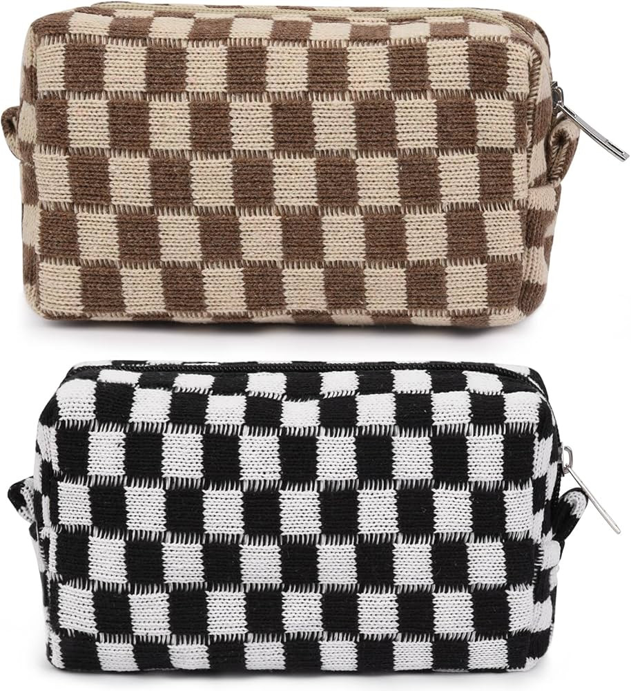 SOIDRAM 2 Pieces Makeup Bag Checkered Cosmetic Bag Black Brown Makeup Pouch Travel Toiletry Bag O... | Amazon (US)