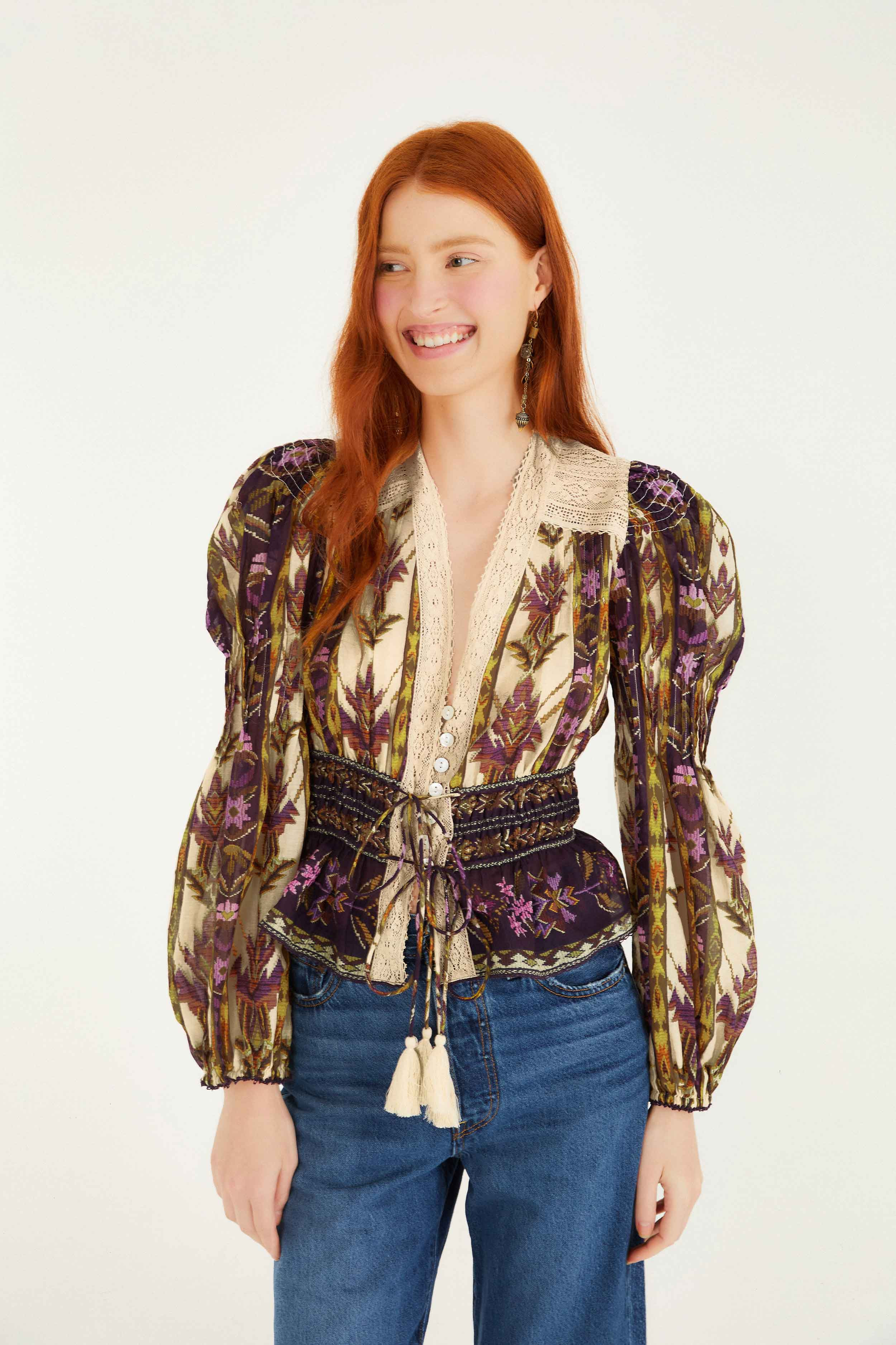 Sand Embroidered Tapestry Long Sleeve Blouse | FARM Rio | FarmRio (US)