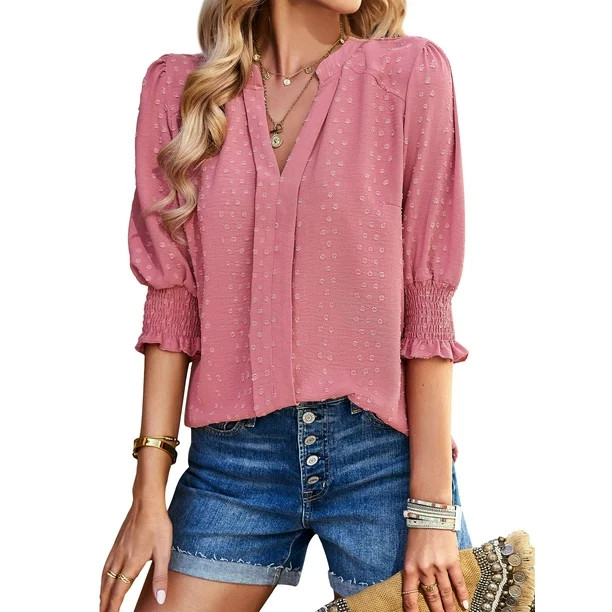 HUBERY Women Jacquard V Neck Puff Half Sleeve Curved Hem Solid Color Top | Walmart (US)