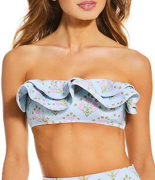 A Loves A Traditional Blooms Ice Blue Bonded Ruffle Bandeau Swim Top & Reversible High Waist Swim... | Dillard's