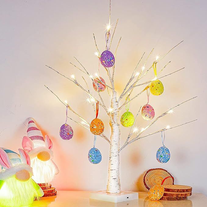 kemooie 24 Inch Pre-lit White Birch Tree with 10 Hanging Easter Egg Ornaments, 24 Led Lights Batt... | Amazon (US)