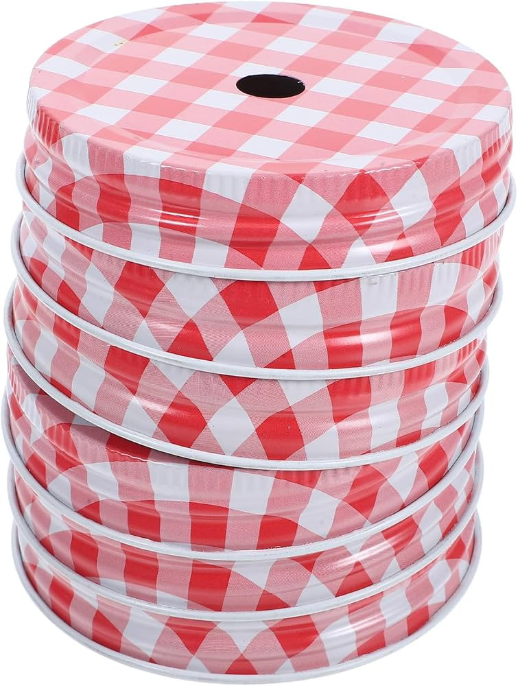 SHINEOFI 6pcs Red Gingham Wide Mouth Mason Jar Lids with Straw Hole, Metal Threaded Drinking Jar ... | Amazon (US)
