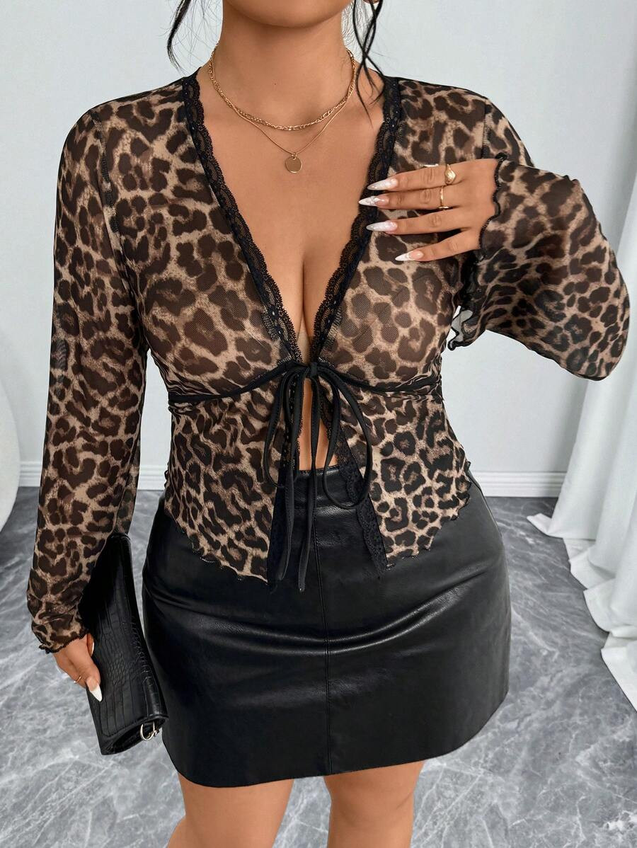 Elenzga Plus Size Women Leopard Print Mesh Lace-Up V-Neck Regular Fit Blouse With Flared Sleeves ... | SHEIN