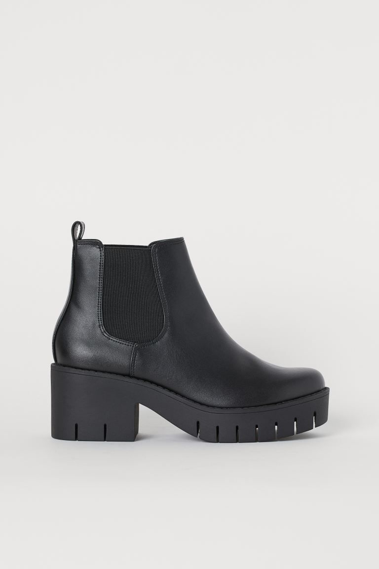 Ankle boots in faux leather with elastic side panels, loop at back, and block heels. Fabric linin... | H&M (US + CA)