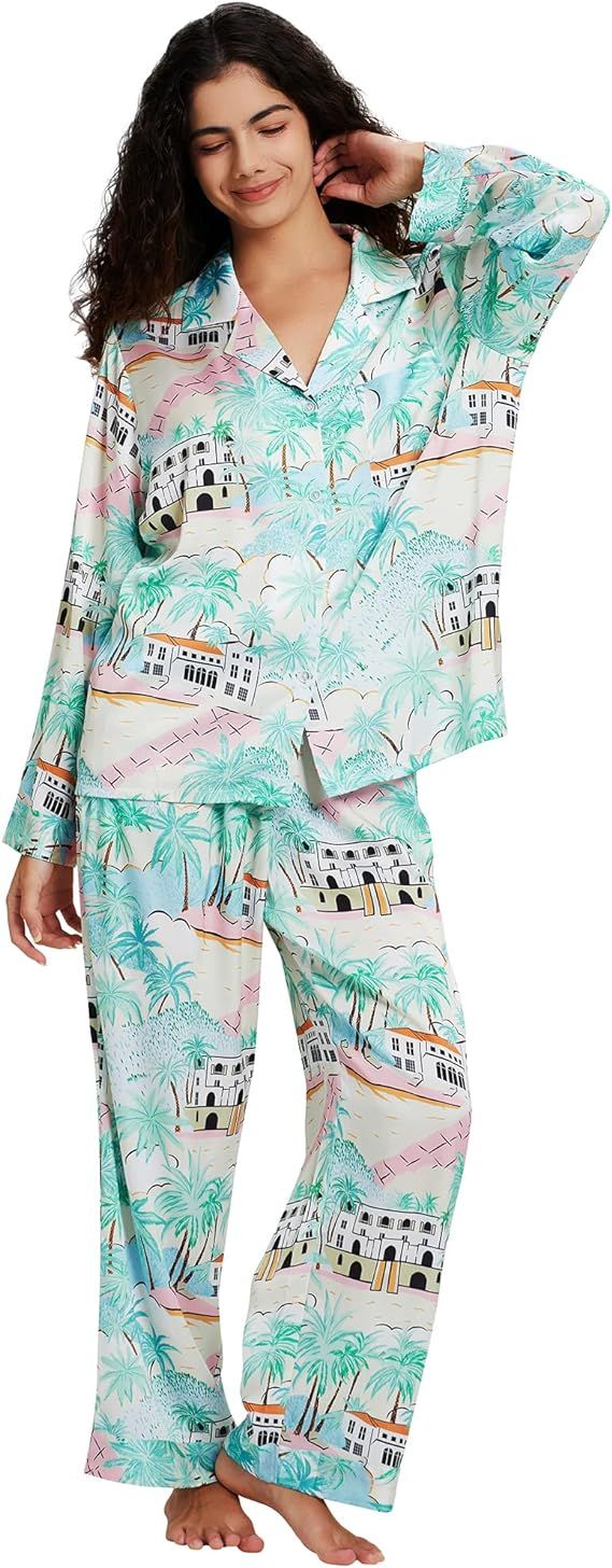 Womens Silk Satin Pajamas Set Button Down 2 Piece Pjs Long Sleeve Oversized Sleepwear with Pocket... | Amazon (US)