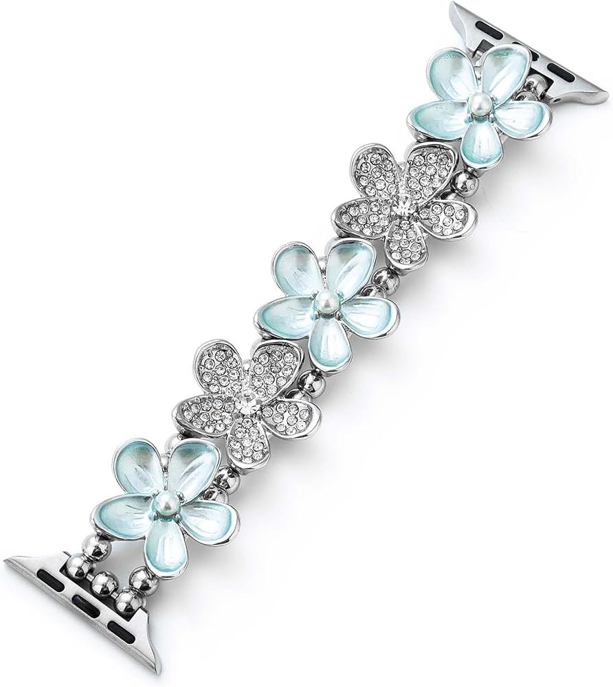 Rhinestone Bloom Sretchy Metal Watch Band for Women Compatible with Apple Watch 38/40/41/42/44/45... | Amazon (US)