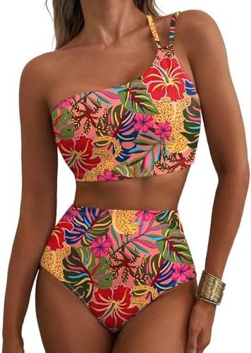 Herseas Women's High Waisted Bikini Sets One Shoulder Floral Print Swimsuits 2 Piece Tummy Contro... | Amazon (US)