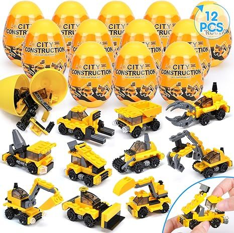 EZIGO Easter Eggs Fillers with Construction Vehicles Building Blocks, 12 Pack Easter Bulk Toy Eas... | Amazon (US)