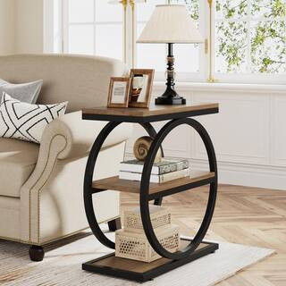 Kerlin 23.6 in. Brown Rectangle Wood End Table, Narrow End Table with 3-Storage Shelves, Industrial Sofa Side Table | The Home Depot