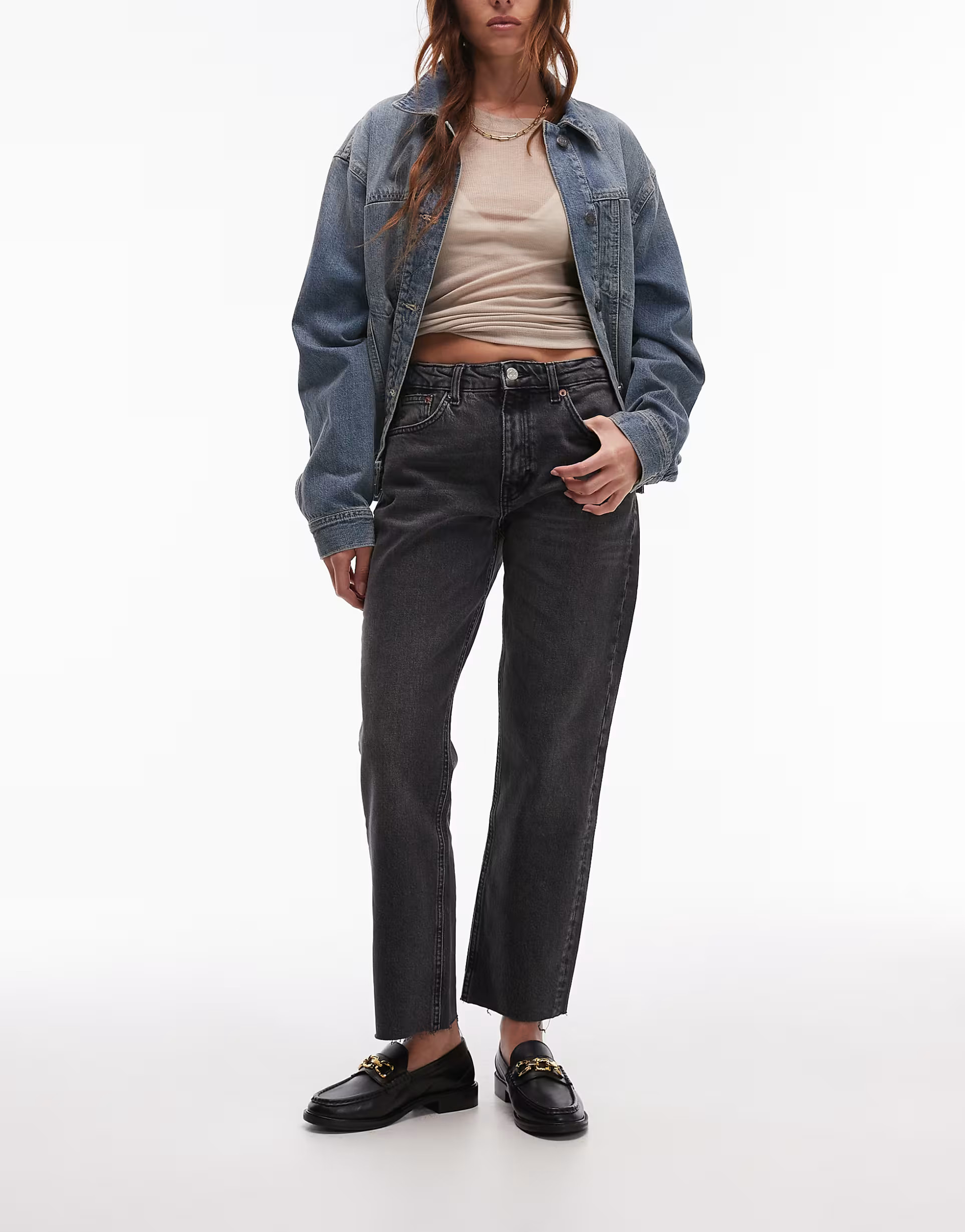 Topshop mid rise straight cropped jean with raw hems in washed black | ASOS (Global)
