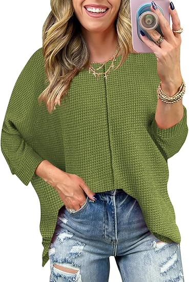 Poetsky Womens 2025 Spring 3/4 Sleeve Crewneck Waffle Knit Shirt Loose Casual Side Split Tunic To... | Amazon (US)