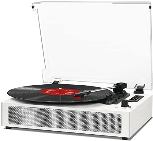 Vintage Record Player Bluetooth 3-Speed Vinyl Record Player with Stereo Speakers, USB Recording, RCA Line-Out, AUX-in, Retro Phonograph Turntable for Vinyl Records, White Wood | Amazon (US)