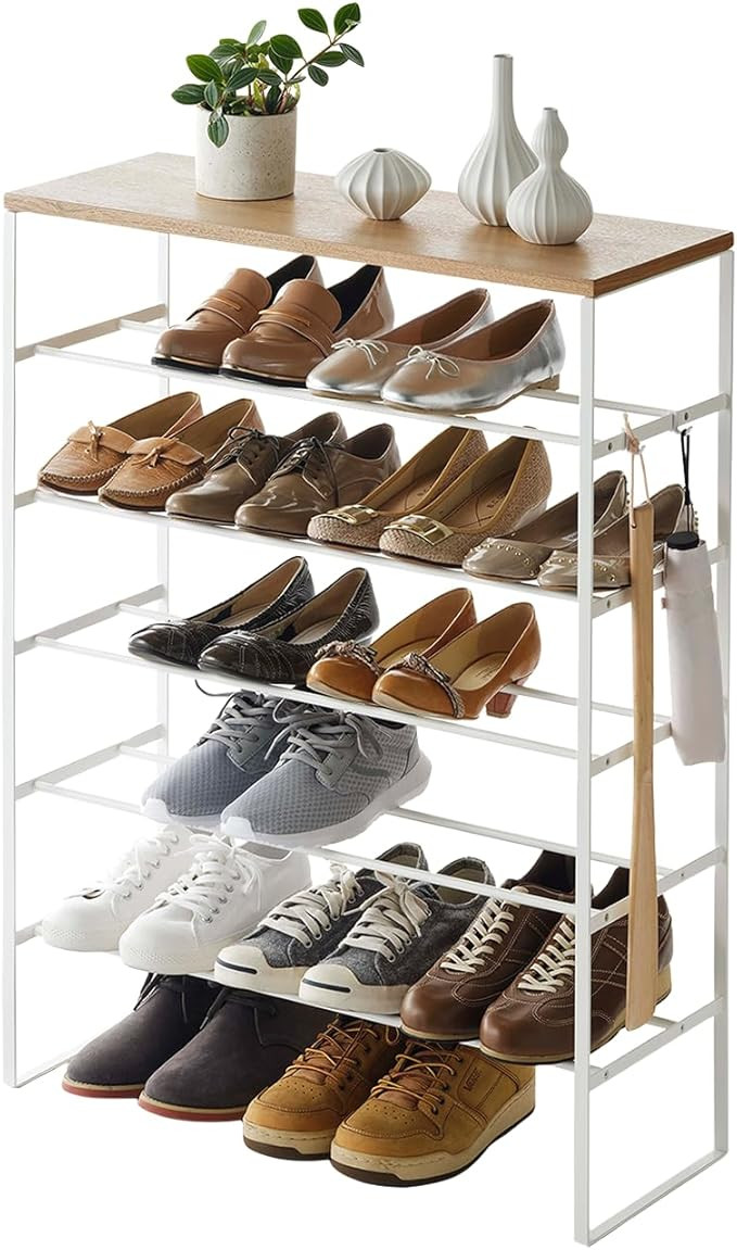 Yamazaki Home 6 Tier Wood Top Shoe Rack Steel One Size White | Amazon (US)