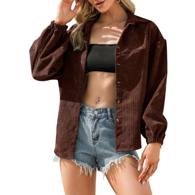 Coolmee Womens Corduroy Button Down Shirts Long Sleeve Oversized Boyfriend Casual Blouses Tops Brown L | Target