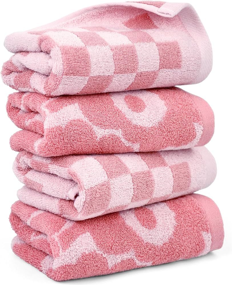 Jacquotha Soft Hand Towels for Bathroom Checkered and Sun Floral - 2 Styles 4 Pack, Pink | Amazon (US)