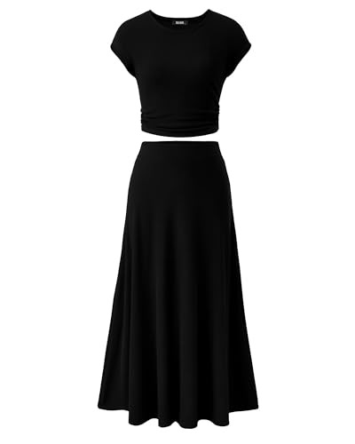 BTFBM Conjunto de falda de dos piezas para mujer, casual, punto acanalado, cuello redondo, manga ... | Amazon (US)