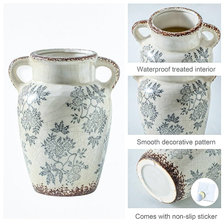 Enra Vintage vase with Handle,9.4 inch Blue and White Ceramic Decorative Flower vase, Chinoiserie... | Amazon (US)