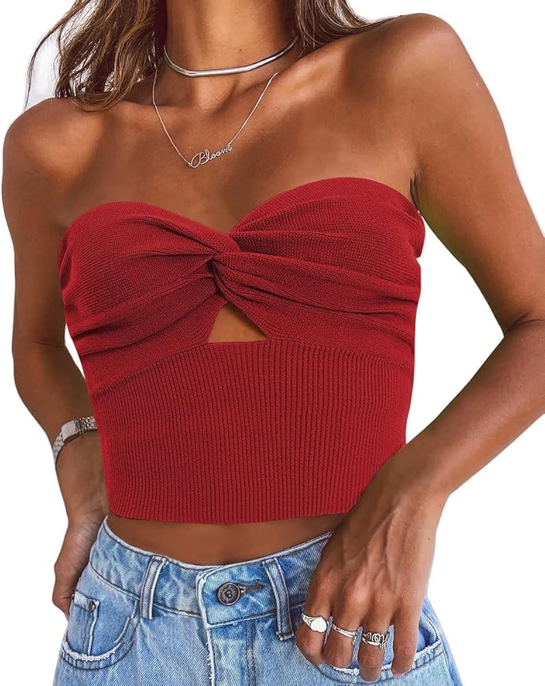 EFAN Womens Cut Out Twist Knot Front Tube Tops Bandeau Ribbed Knit Y2K Sexy Strapless Crop Tank B... | Amazon (US)