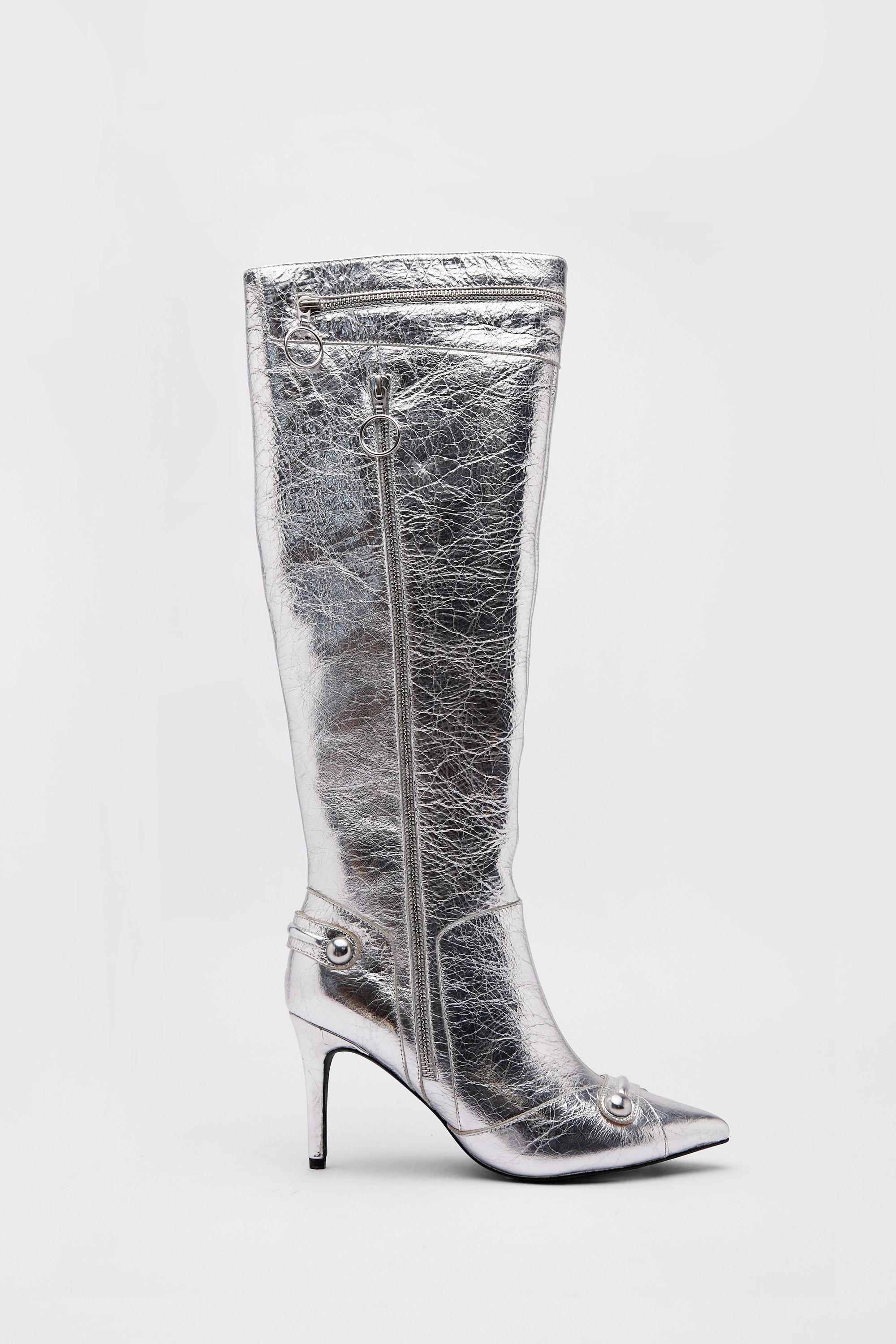 Boots | Leather Metallic Zip & Stud Pointed Toe Knee High Boots | Warehouse | Warehouse UK & IE