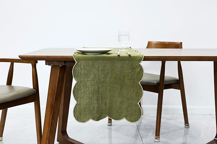 100% Natural Linen Rustic Scalloped Embroidery Table Runner 72 Inches Long, Linen Table Runner 14... | Amazon (US)