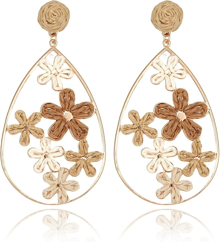 Hollow Raffia Flower Earrings, Handmade Large Teardrop Statement Drop and Dangle Earrings Summer ... | Amazon (US)