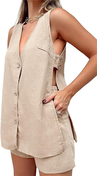 Tankaneo Womens Summer Two Piece Outfits Casual Shorts Set Sleeveless V Neck Button Down Tank Top... | Amazon (US)
