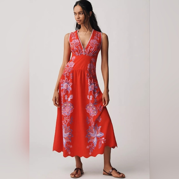 NWT Farm RIO Porcelain Garden Red Linen A-Line Midi Dress Size xs | Poshmark