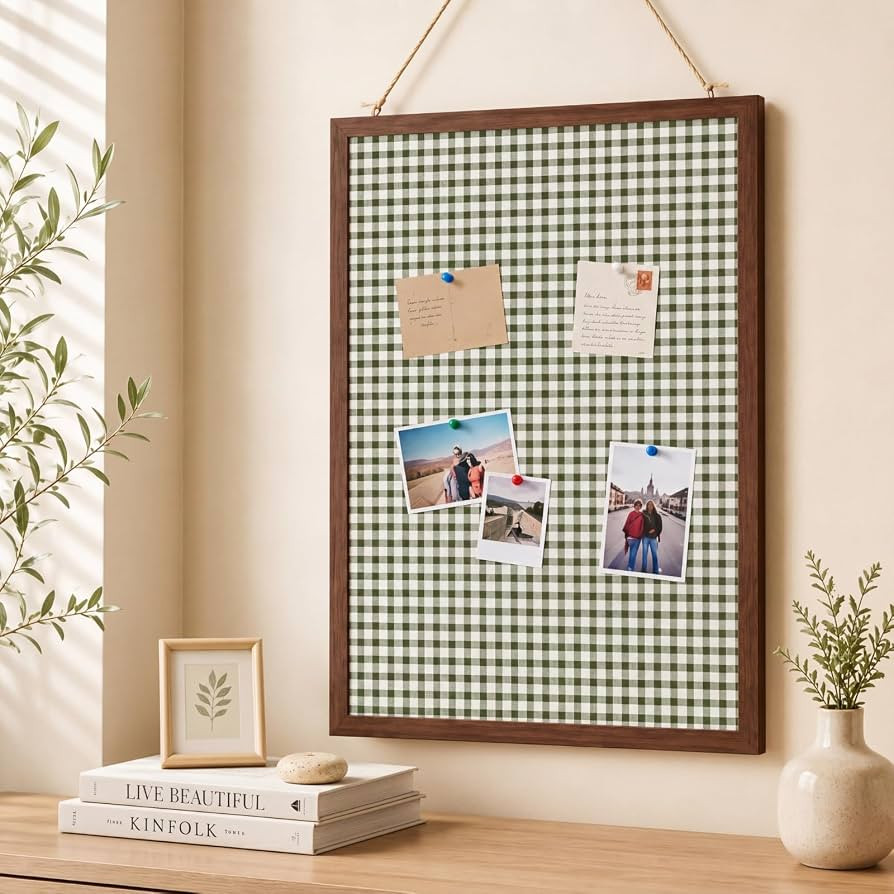 Leinuosen 17" x 23" Linen Cork Board for Walls Decorative Green Gingham Cork Boards Wood Framed B... | Amazon (US)