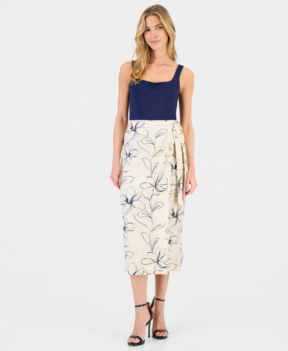 Anne Klein Women's Linen-Blend Embroidered Faux-Wrap Midi Skirt, Regular & Petite - Natural Grain Multi | Macy's