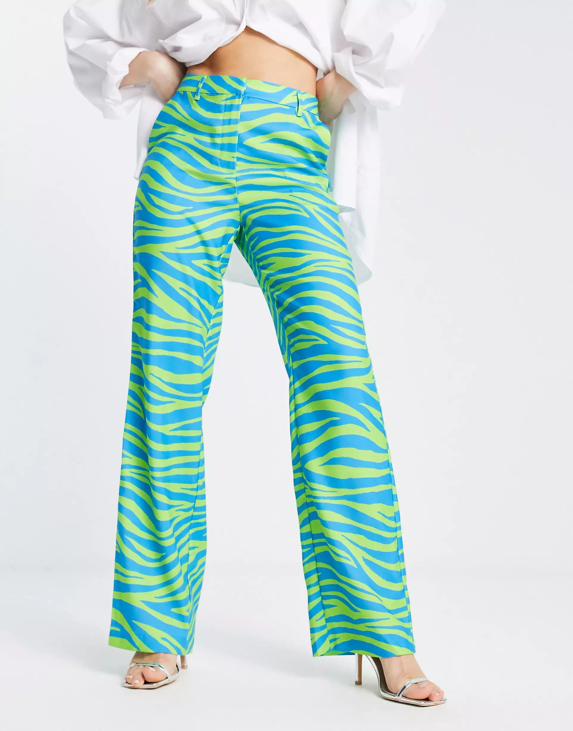 NA-KD x Janka Polliana high waist tailored pants in green zebra - part of a set | ASOS (Global)