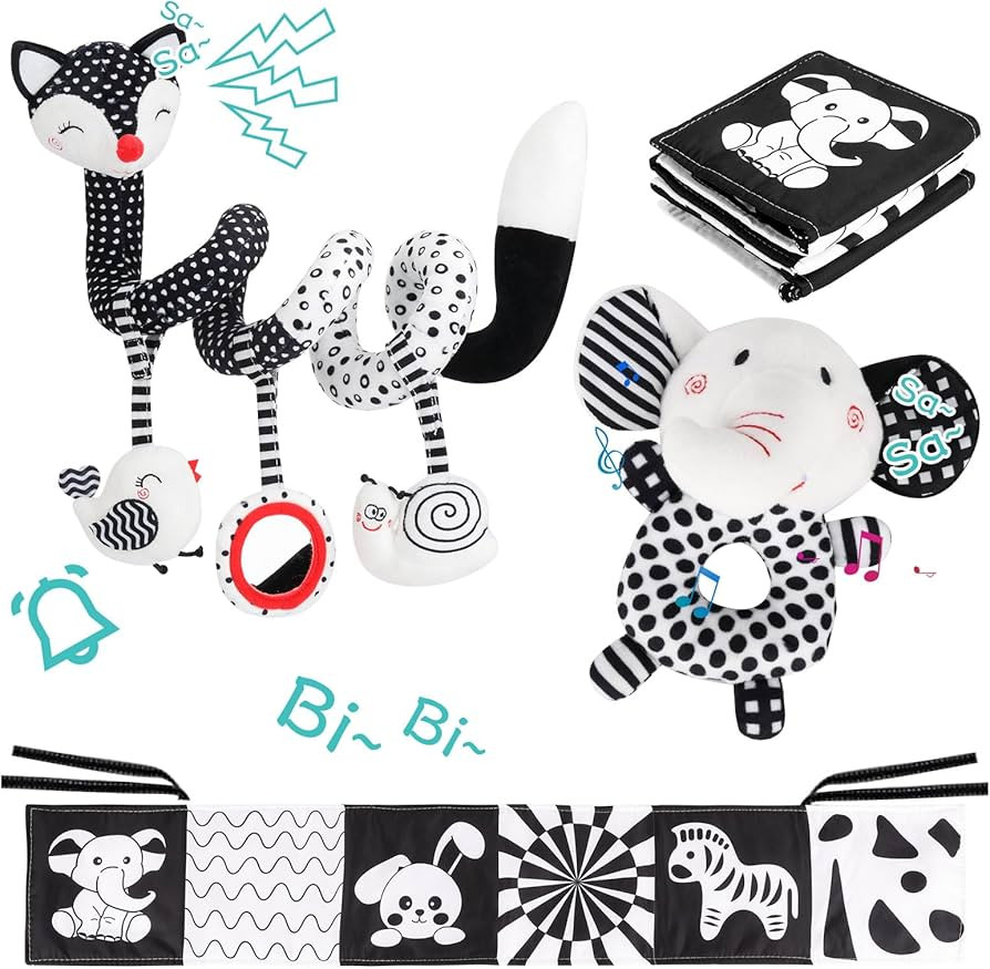 3 Pcs Car Seat Toys for Babies 0-6 Months，Black and White Baby Hanging Rattle Toys for Crib Mob... | Amazon (US)