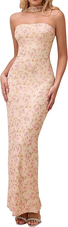 HTZMO Women Elegant Summer Bodycon Maxi Dress Halter Neck Formal Wedding Guest Cocktail Party Lon... | Amazon (US)