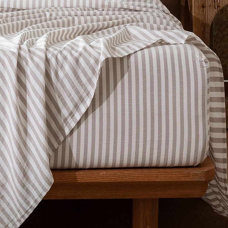 MOOMEE Striped Fitted Sheet 100% Washed Cotton Linen-Like Deep Pocket King | Amazon (US)