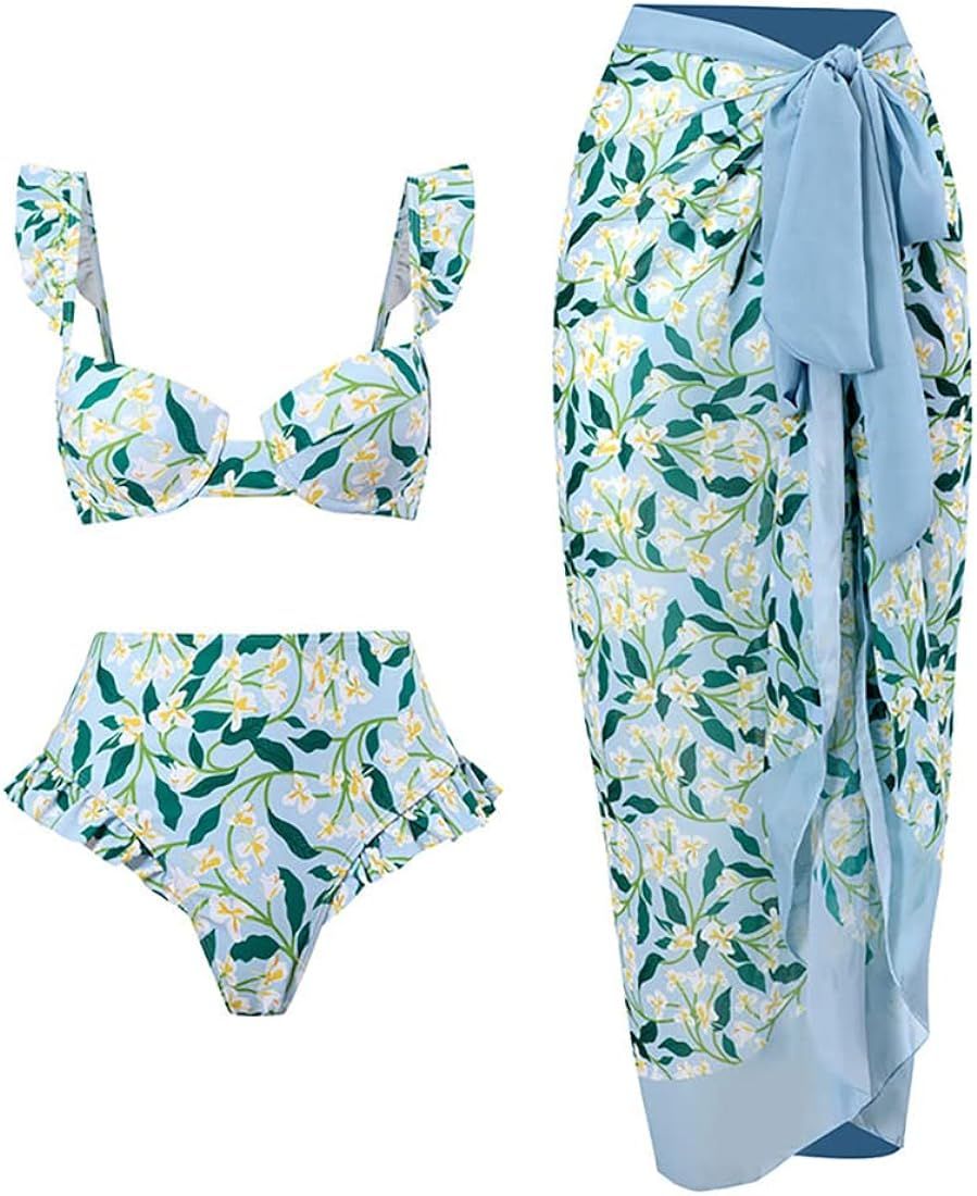 ABOCIW Womens Floral Print Bikini Sets with Swimsuit Coverup Long Beach Wrap Skirt 2 Piece High Wais | Amazon (US)