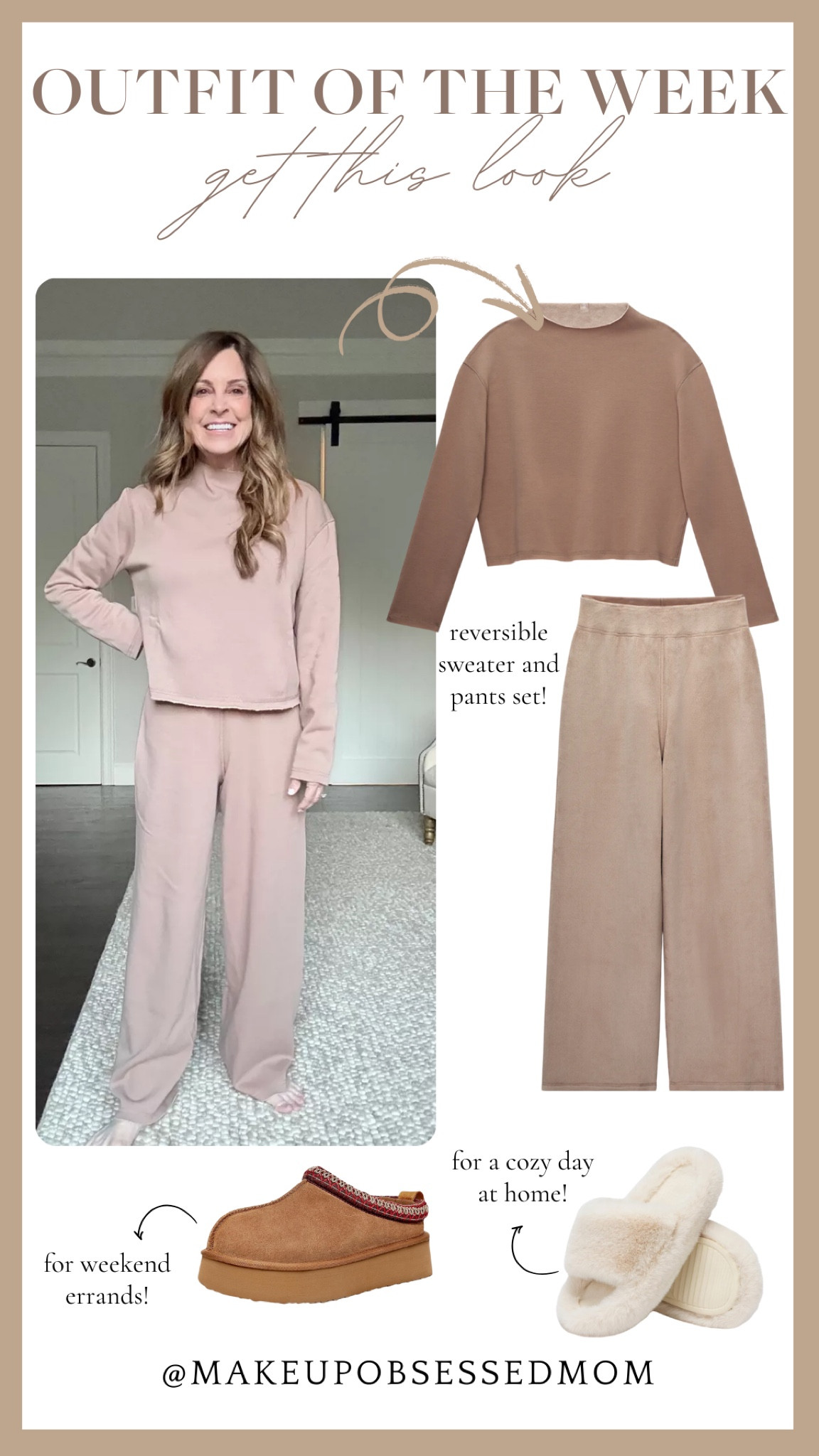Wearing a chic reversible sweater and pants set in a color that’s reminiscent of the Pantone Color of the Year, Mocha Mousse! You can opt to wear fluffy slippers for a cozy day at home or the trendy platform winter slippers for some weekend errands.
#shoeinspo #loungewear #comfyclothes #seasonallook

#LTKSeasonal #LTKFindsUnder50 #LTKStyleTip