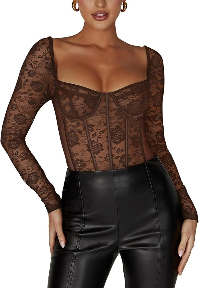 REORIA Women's Sexy Floral Lace Sweetheart Neck Mesh Long Sleeve Trendy Going Out Slimming Y2K Bu... | Amazon (US)