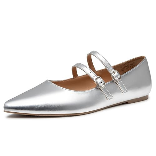 Trary Silver Mary Jane Ballet Flats for Women - Dressy Comfortable Slip-on Pointed Toe Leather Shoes - Size 9.5 | Amazon (US)