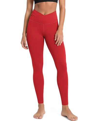 ODODOS Women's Cross Waist Full Length Yoga Leggings with Inner Pocket, Inseam 28" Gathered Crossover Workout Yoga Pants, Red, Small | Amazon (US)