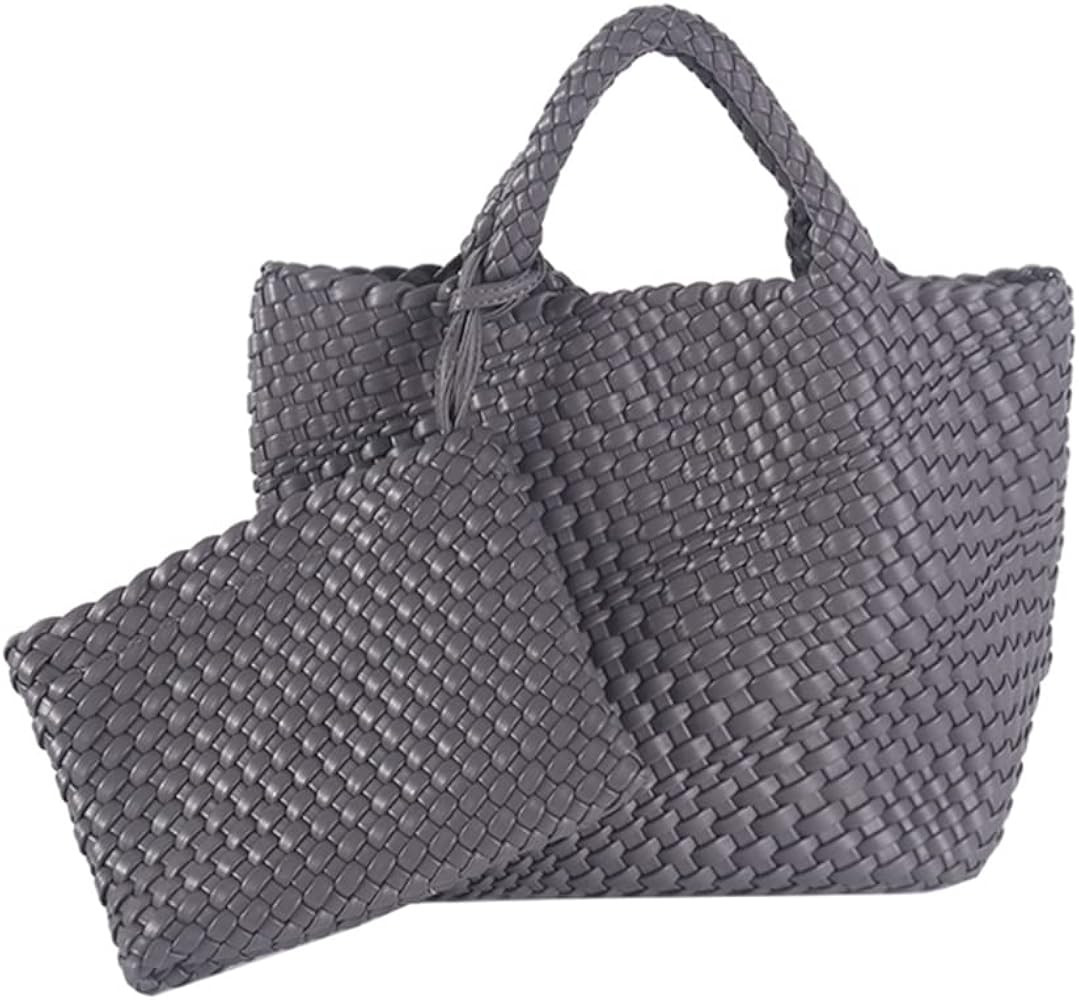 Woven Tote Bag, Women Macaron Soft Leather Weave Handbag Purse Wrist Bag Large Capacity Work Shop... | Amazon (US)