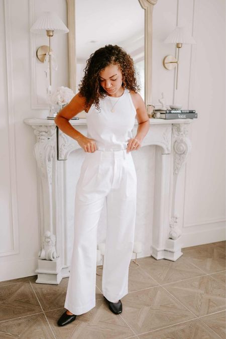 Style a chic monochromatic summer outfit with a white organic cotton tank from Everlane, their Way High Drape Pant, and Day heels - and elevated version of their classic flat.

#LTKStyleTip #LTKSeasonal