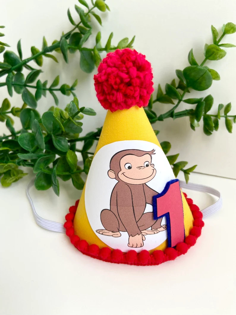 Curious George Monkey Yellow MINI Birthday Cake Smash MINI Party Hat W/ Red Pom Pom and Number - ... | Etsy (Global)