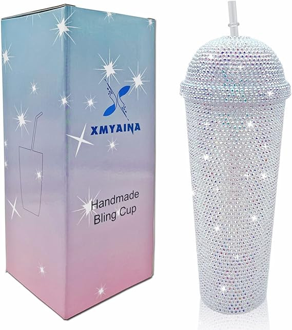 24oz Bling Cup Handmade Rhinestones Studded Tumbler Double Wall Insulated Plastic Reusable Water ... | Amazon (US)