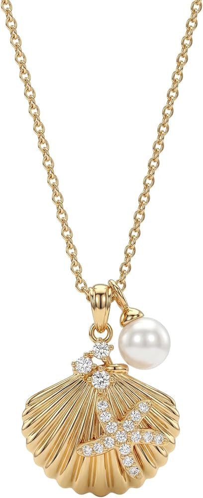 MEVECCO Dainty Gold Pendent Necklace for Women 18K Gold Plated Pearl CZ Starfish Seashell Conch S... | Amazon (US)