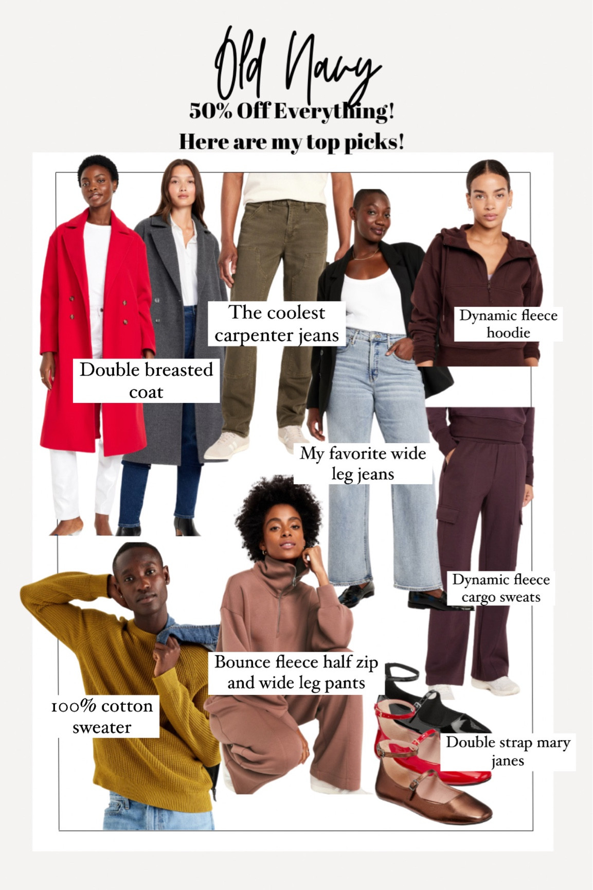 Oversized double breasted coat, tts, I get small
Men’s carpenter jeans, I got a 30x32 but they do loosen so I would have preferred 28x30
Wide leg jeans, I size down in blue and white and stay tts in black, I have both regular and tall length and at 5’9” I’m right in between 
Dynamic fleece hoodie, I size up to large
Dynamic fleece cargo pants, I’m wearing medium regular
100% cotton sweater, I wear a men’s medium
Bounce fleece half zip, I sized up to large
Bounce fleece wide leg pants, I wear medium tall which is a tiny bit too long
Mary Jane ballet flats double strap, tts


#LTKGiftGuide #LTKHoliday #LTKSaleAlert