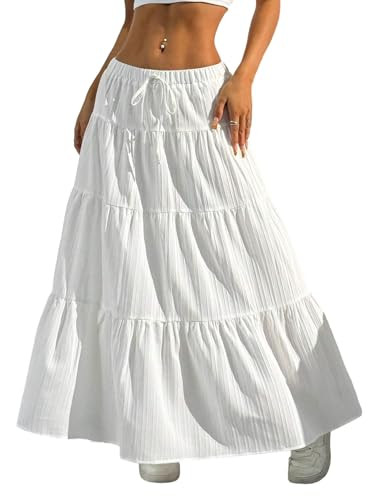 Xuani Maxi Skirts for Women Ruffle Hem A Line Long Skirts Elastic Waist Elegant Tiered Layer Boho Long Dress White | Amazon (US)