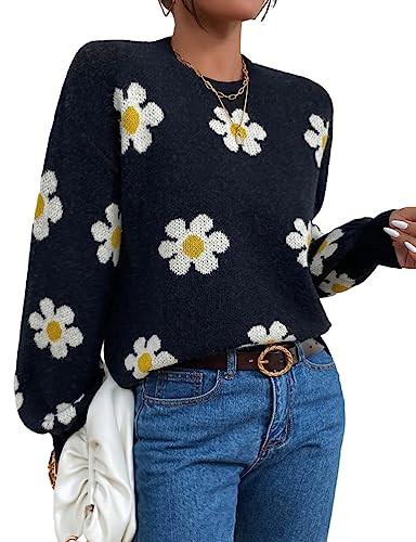 Womens Daisy Sweater Fall Winter Long Sleeve Pullover Loose Fit Flower Knit Sweater Tops | Amazon (US)